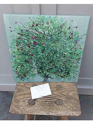Apple Blossom Glass Chopping Board. Kitchen Art Print