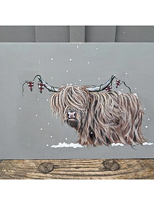 Highland cow painting. 'A Hielan Christmoooo!'